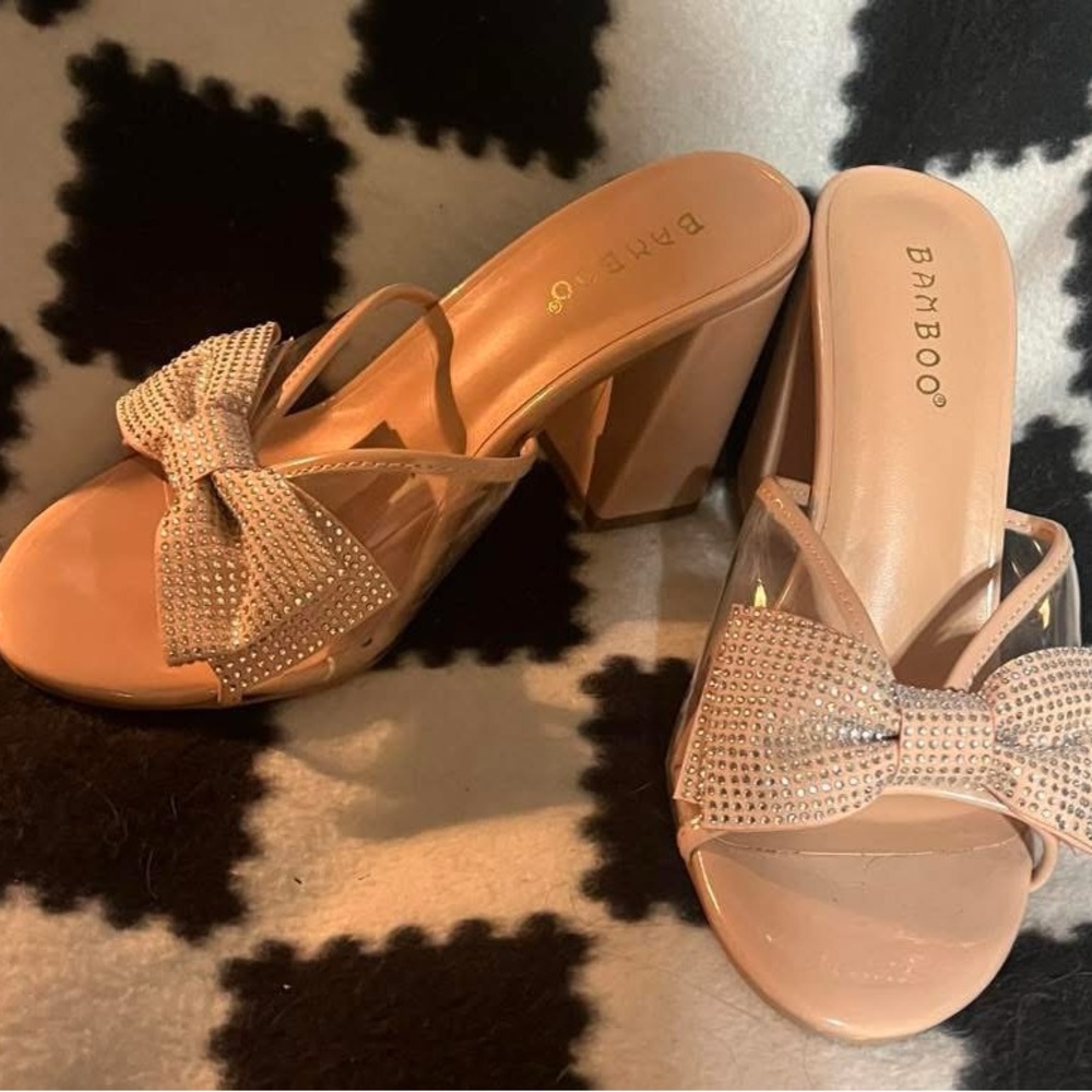 BAMBOO Women's Nude Heeled Sandals with Rhinestone Bow